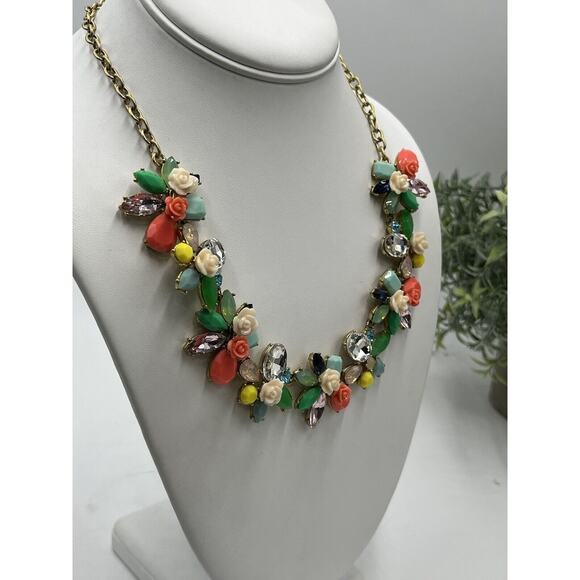 J. Crew Rosette Garden MultiColor Crystal Flower Statement Necklace New - Picture 12 of 16